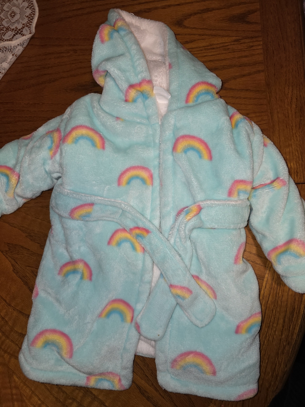 Girls' Light Blue Rainbow Hooded Fleece Robe with Belt